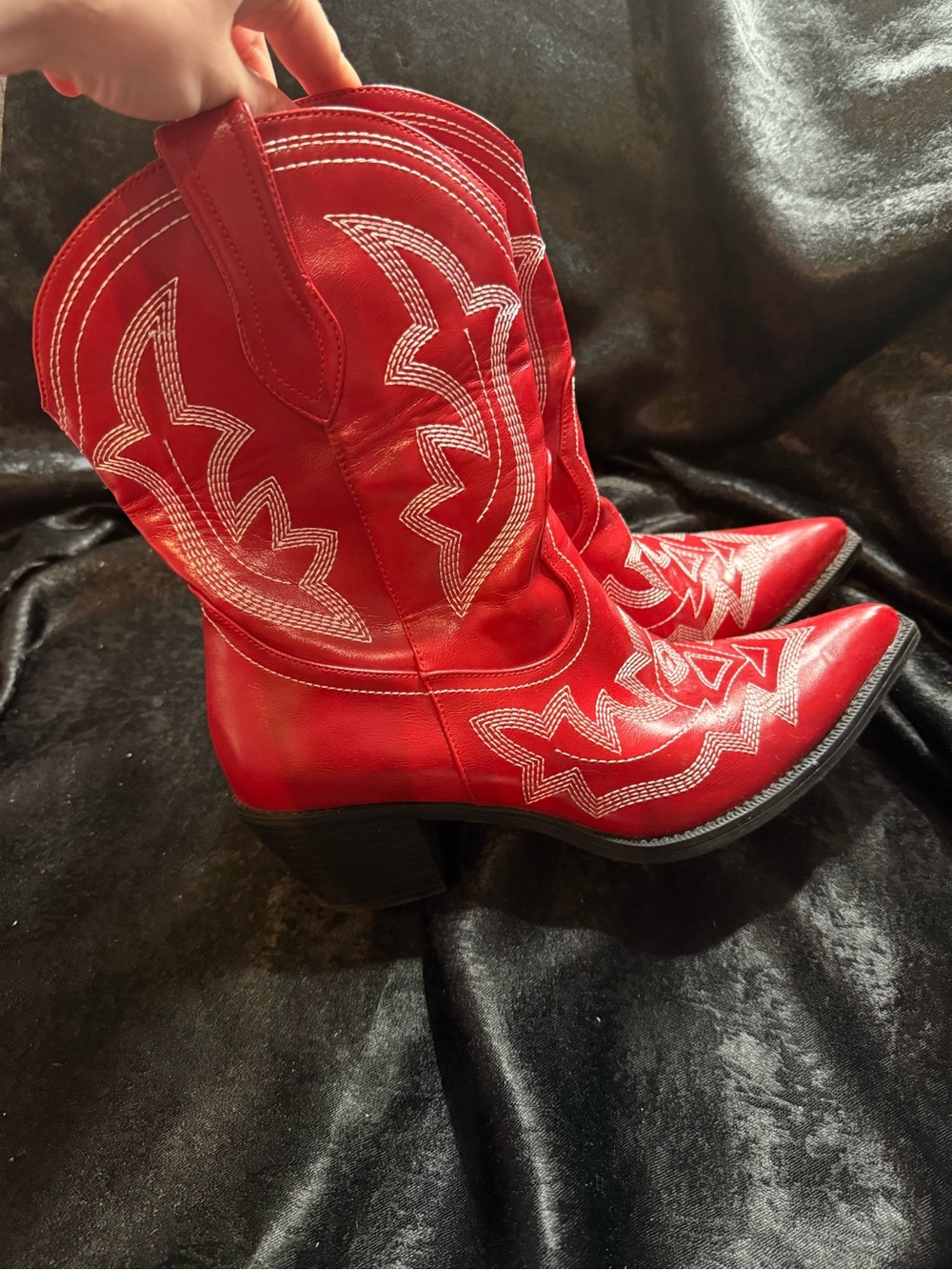 Vintage-Inspired Red Western Cowboy Boots | White Embroidery | Women’s Size 11